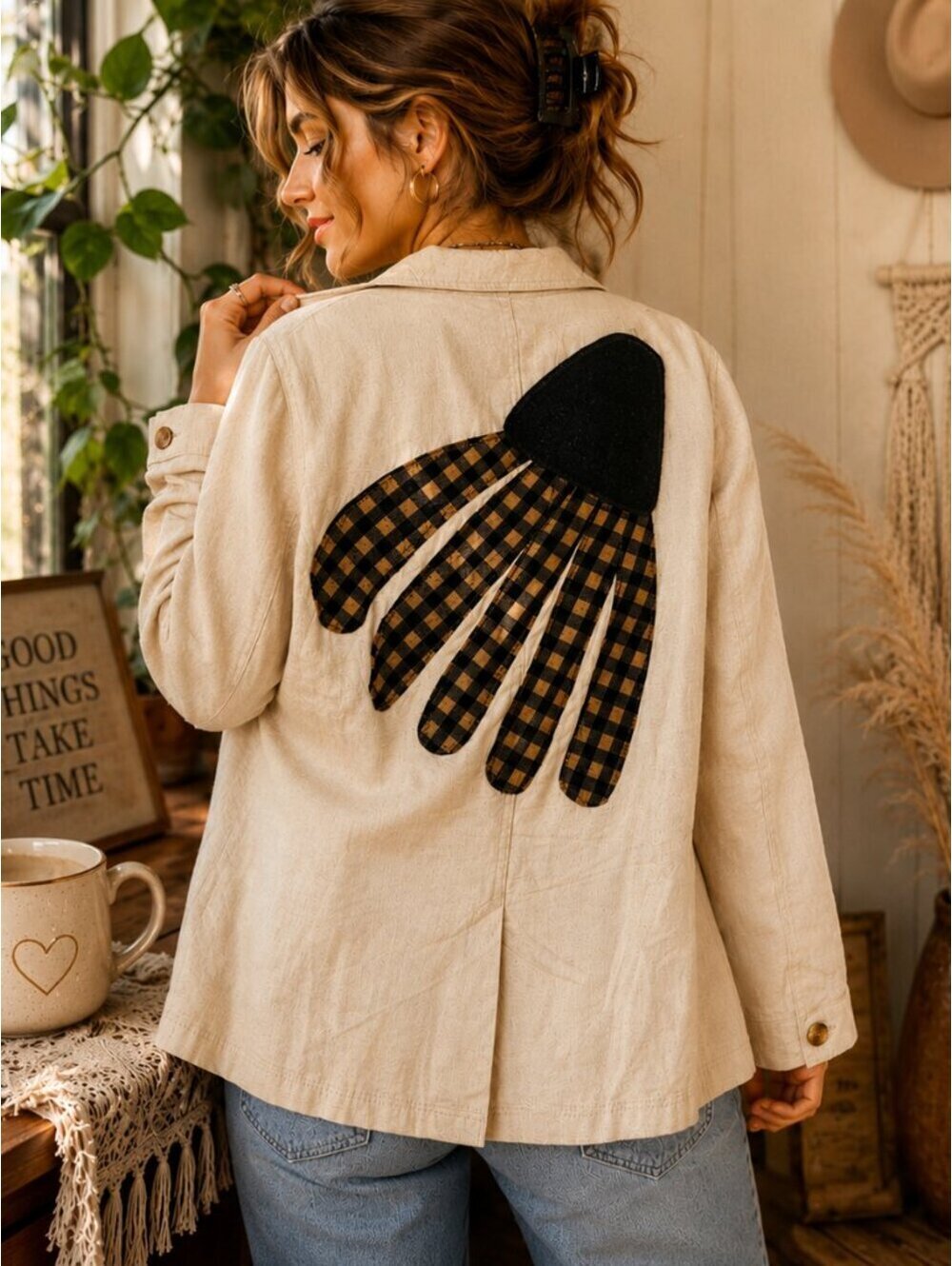 Upcycled Linen Blend Blazer Boho Buffalo Plaid Flower Jacket XS